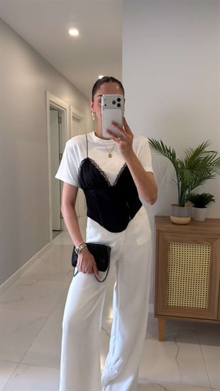 Dinolla Siyah Beyaz Askı Garnili Bluz