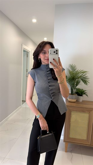 Dionla Gri Kendinden Büzgülü Kolsuz Hırka