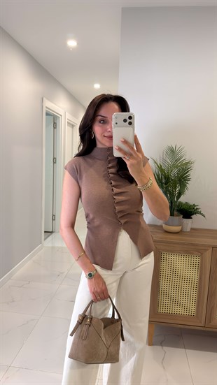 Dionla Vizon Kendinden Büzgülü Kolsuz Hırka