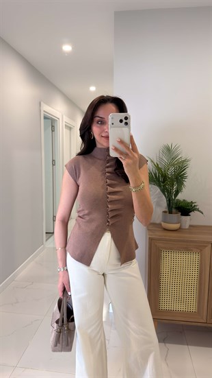 Dionla Vizon Kendinden Büzgülü Kolsuz Hırka