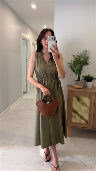 Ditra Haki Deri Yaka Beli Büzgülü Elbise