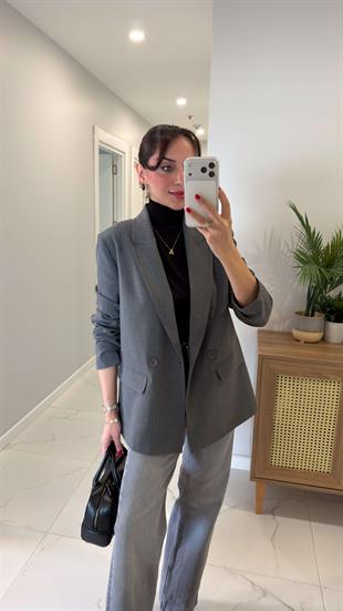 Dlvin Deyzi Gri Kendinden Çizgili Blazer Ceket