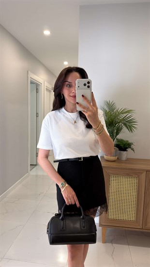 Dlvin Giola Ekru Dekoratif Dikişli Bisiklet Yaka Tişört