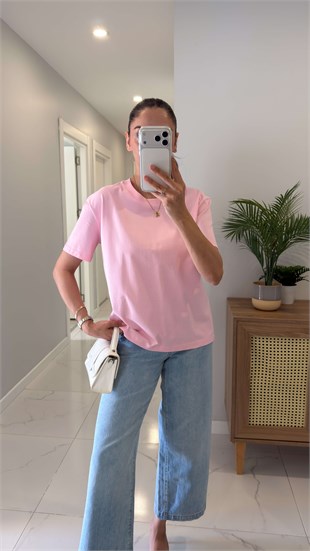 Dlvin Giola Toz Pembe Dekoratif Dikişli Bisiklet Yaka Tişört