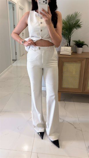 Dlvin Golf Ekru Metal Düğme Detaylı Çizgili Yelek Pantolon Takım