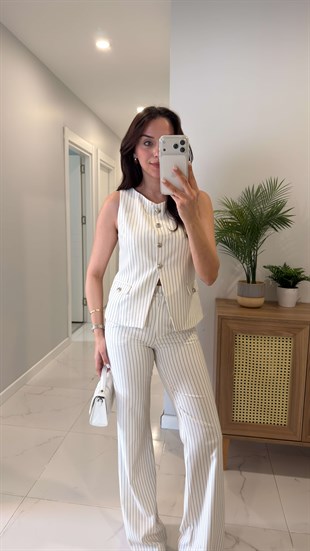 Dlvin Golf Ekru Metal Düğme Detaylı Çizgili Yelek Pantolon Takım