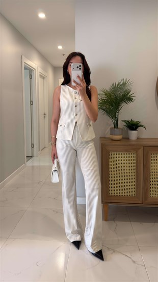 Dlvin Golf Ekru Metal Düğme Detaylı Çizgili Yelek Pantolon Takım