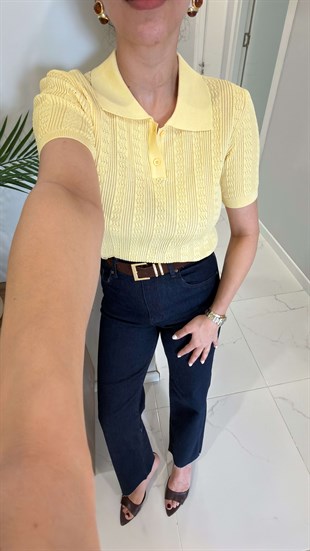 Dlvin Hollda Sarı Polo Yaka Ajurlu Triko