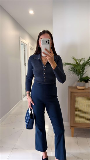 Dlvin Nilla İndigo Dik Yaka Çıtçıtlı Triko