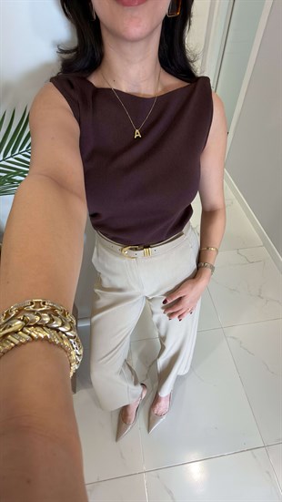 Dlvin Peris Kahve Kayık Yaka Drapeli Bluz