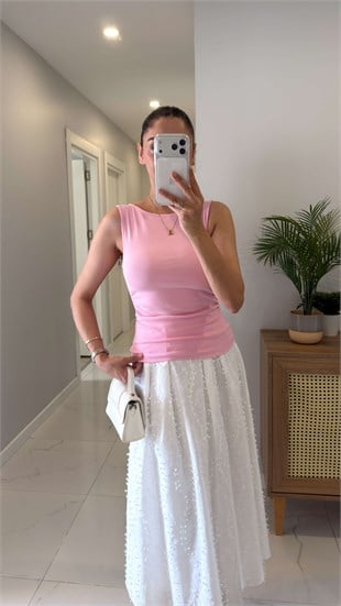 Dlvin Rinla Toz Pembe Büzgülü Kayık Yaka Bluz