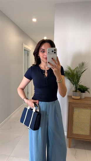 Dlvin Siras Lacivert Çıtçıt Düğmeli Kısa Kol Bluz