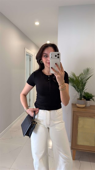 Dlvin Siras Siyah Çıtçıt Düğmeli Kısa Kol Bluz