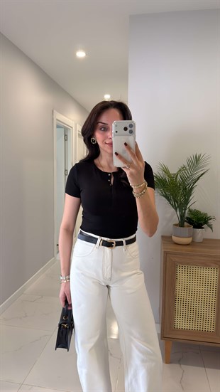 Dlvin Siras Siyah Çıtçıt Düğmeli Kısa Kol Bluz