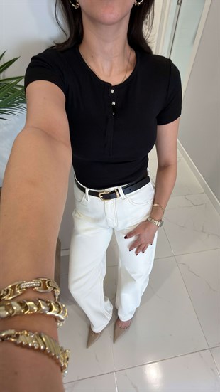 Dlvin Siras Siyah Çıtçıt Düğmeli Kısa Kol Bluz