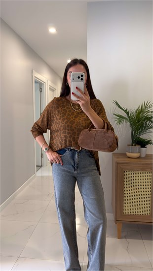 Dlvin Teds Taba Bisiklet Yaka Leopar Baskılı Triko