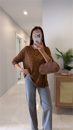 Dlvin Teds Taba Bisiklet Yaka Leopar Baskılı Triko