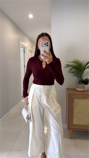 Dlvin Yusre Bordo Düğmeli Uzun Kollu Bluz