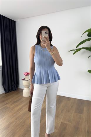 Dodi Bebe Mavi Belden Oturmalı Volanlı Bluz