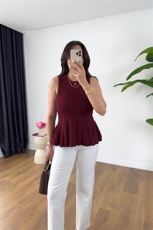 Dodi Bordo Belden Oturmalı Volanlı Bluz