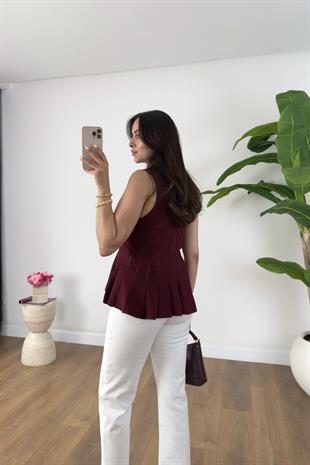 Dodi Bordo Belden Oturmalı Volanlı Bluz