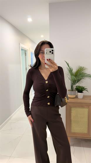 Dogre Kahve Gold Düğme Detaylı Bluz