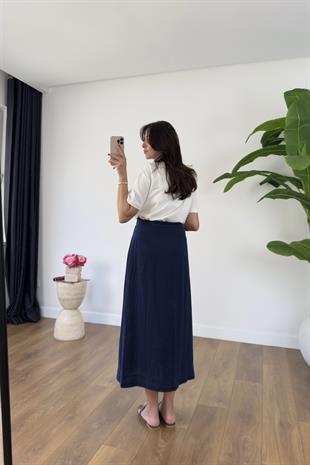 Dolly Lacivert Bağlama Detaylı Premium Keten Etek