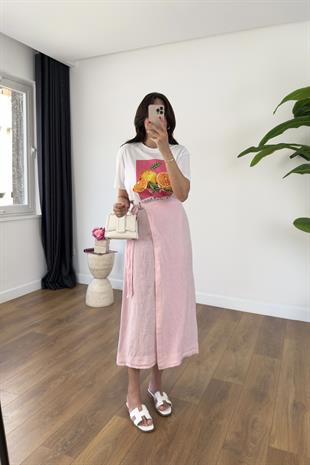 Dolly Pembe Bağlama Detaylı Premium Keten Etek