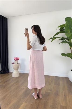 Dolly Pembe Bağlama Detaylı Premium Keten Etek