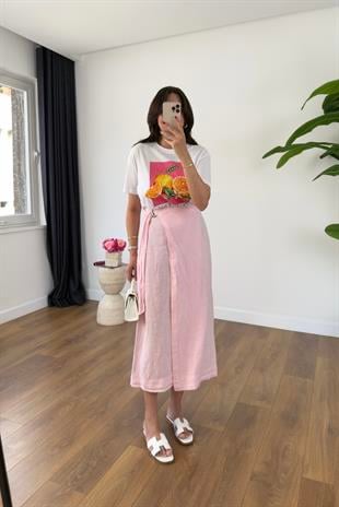 Dolly Pembe Bağlama Detaylı Premium Keten Etek