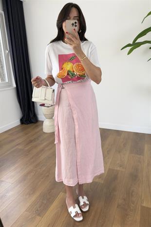 Dolly Pembe Bağlama Detaylı Premium Keten Etek