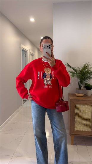 Dolted Kırmızı Teddy Baskılı Sweat