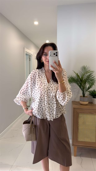 Doniwer Ekru Kahve Puantiyeli Bluz