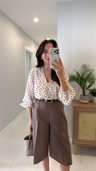 Doniwer Ekru Kahve Puantiyeli Bluz