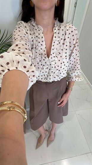 Doniwer Ekru Kahve Puantiyeli Bluz