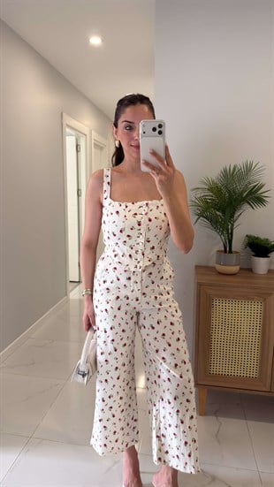 Dops Kırmızı Çiçek Desenli Bağcıklı Crop Pantolon Takım