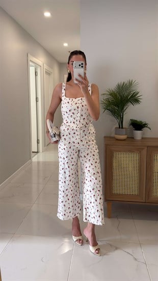 Dops Kırmızı Çiçek Desenli Bağcıklı Crop Pantolon Takım