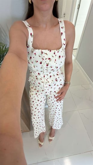 Dops Kırmızı Çiçek Desenli Bağcıklı Crop Pantolon Takım