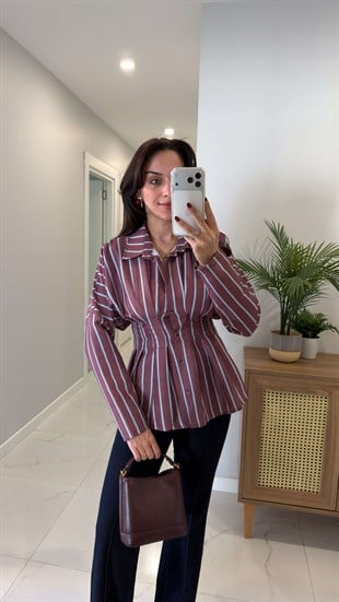 Dores Bordo Çizgili Belden Oturtmalı Gömlek