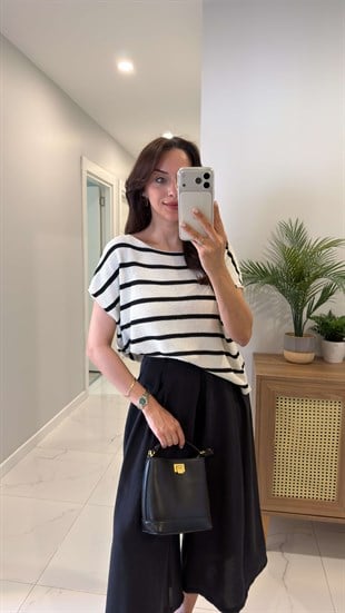 Dorres Ekru Siyah Çizgili Triko