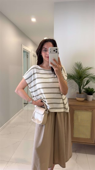 Dorres Ekru Yeşil Çizgili Triko