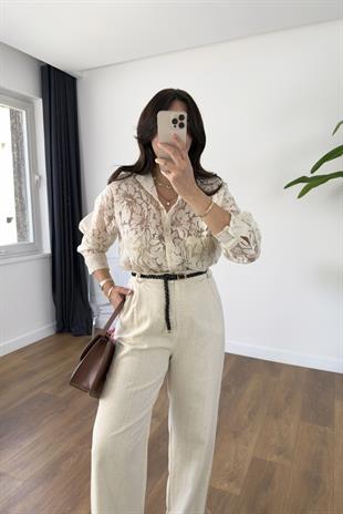 Dosi Krem Transparan Dantel Detaylı Gömlek