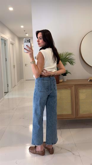 Dotre Mavi Tint Ekstra Yüksek Bel Kemerli Jean