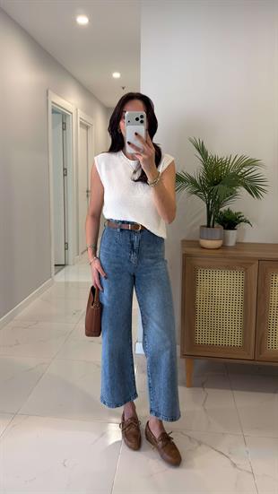 Dotre Mavi Tint Ekstra Yüksek Bel Kemerli Jean