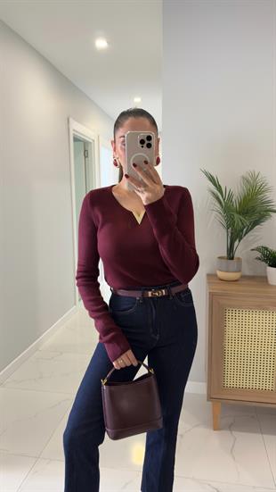 Dunsa Bordo V Gold Toka Detaylı Triko