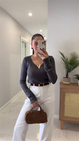 Dunsa Füme V Gold Toka Detaylı Triko