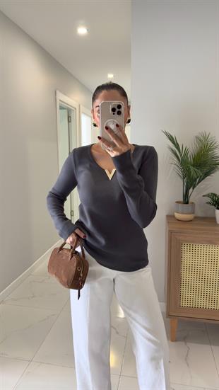 Dunsa Füme V Gold Toka Detaylı Triko