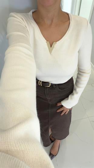 Dunsa Krem V Gold Toka Detaylı Triko