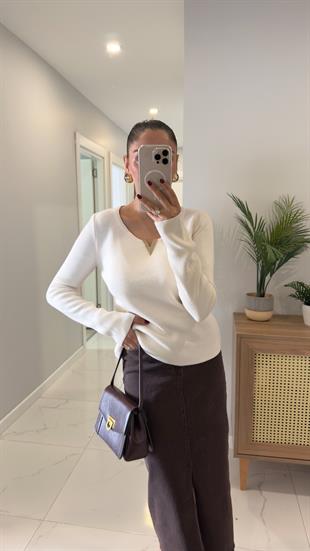 Dunsa Krem V Gold Toka Detaylı Triko