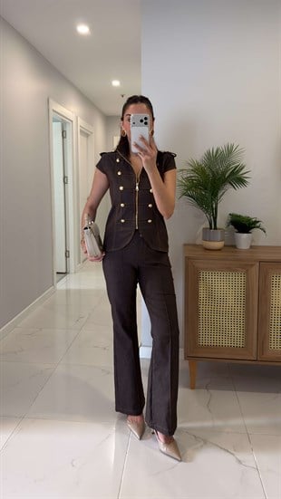 Dutte Kahve Gold Düğme Detaylı Yelek Pantolon Takım